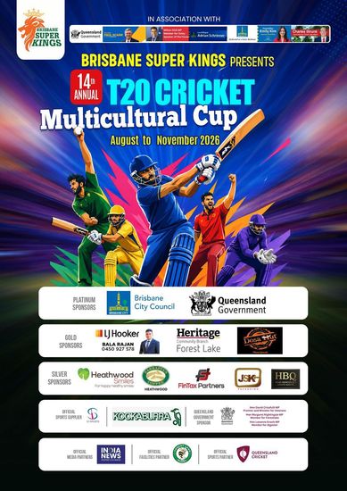 Brisbane Super Kings T20 Cricket Multicultural Cup poster with players in action on a purple burst background