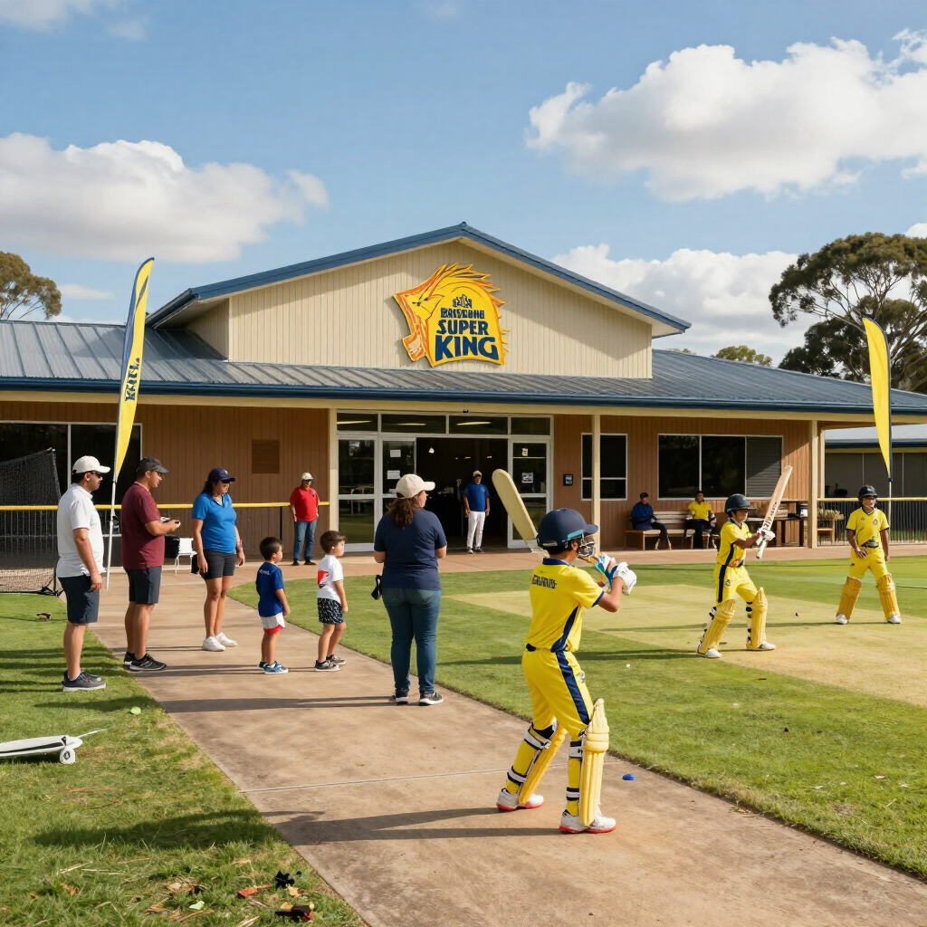 Children in yellow cricket uniforms practice outside a sports club building on a sunny day.