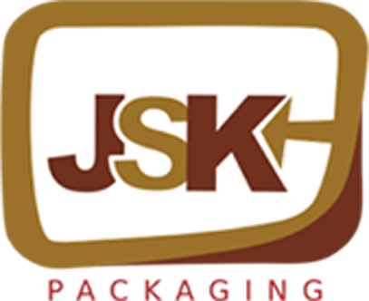 JSK Packaging logo in brown and gold with red text on white background