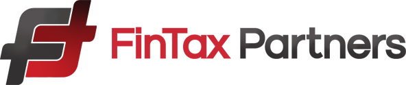 FinTax Partners logo with red and black abstract F icon and gray text on white background