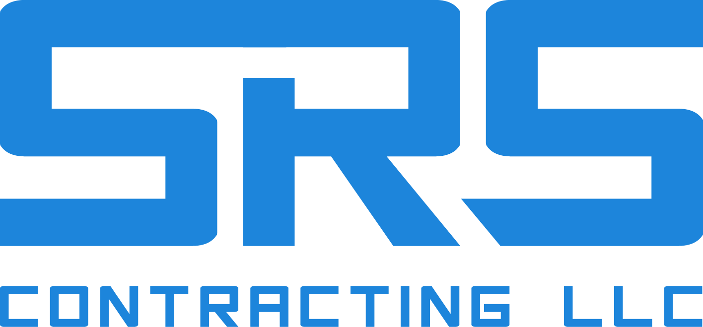 The logo for srs contracting llc is blue and white.