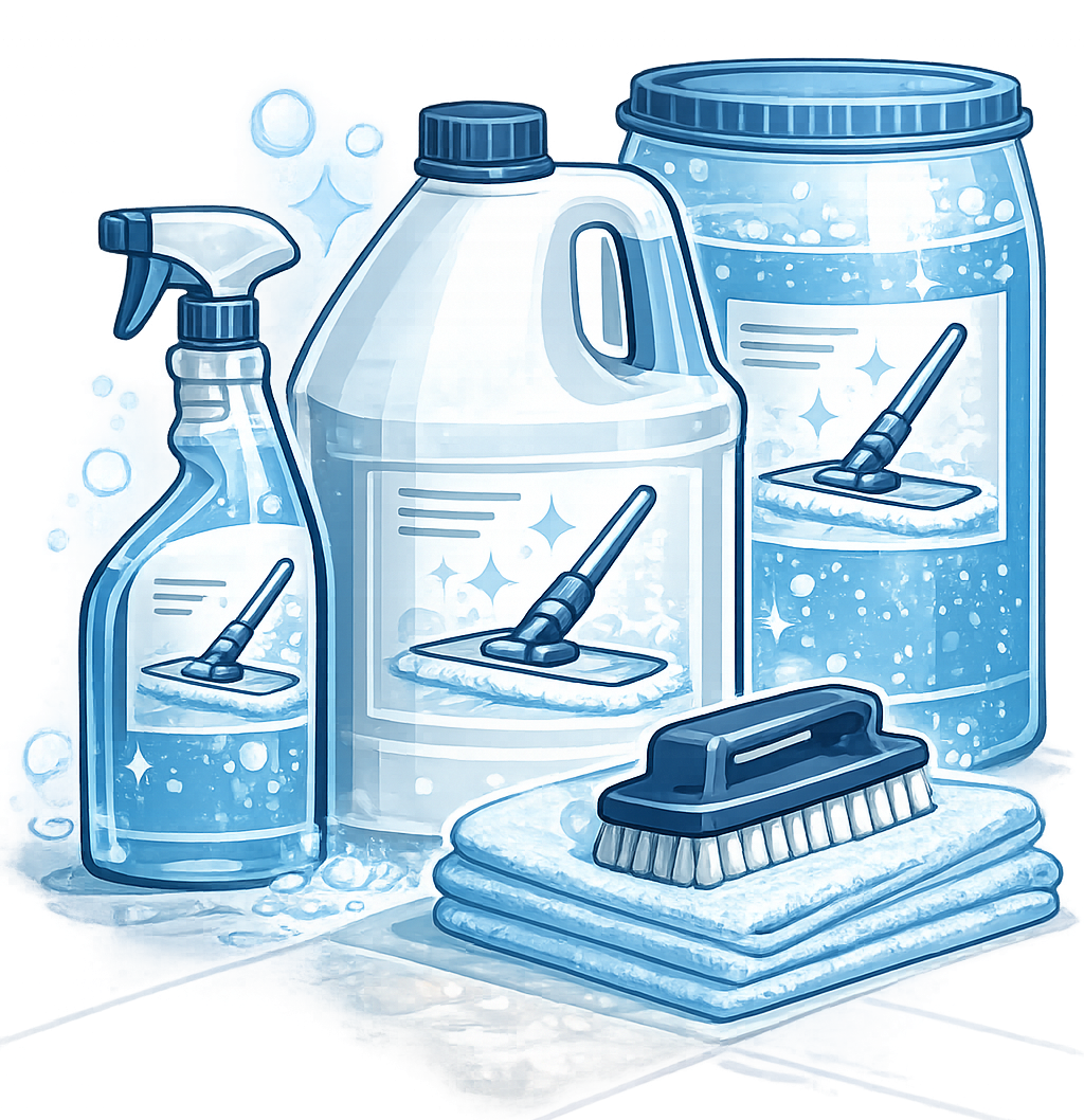 Un set di prodotti per la pulizia sui toni del blu, che comprende flaconi spray, un contenitore capiente, una spazzola e un panno piegato.