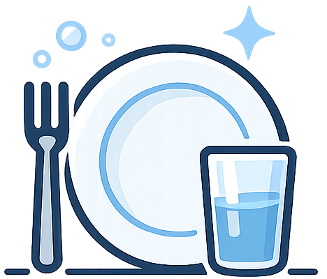 Forchetta, piatto e bicchiere d'acqua; icona dei piatti puliti.