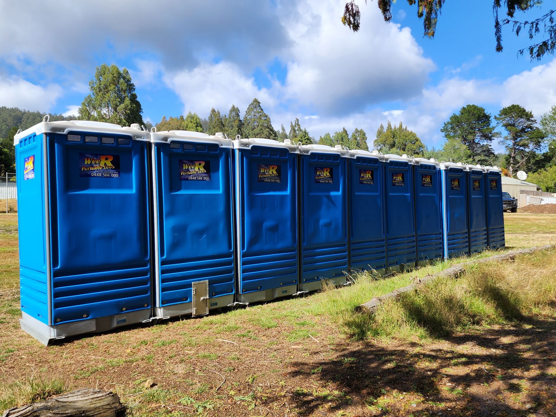 Row of blue portable toilets on grass under a partly cloudy sky — Wee R Pumping In Glenorchy, TAS