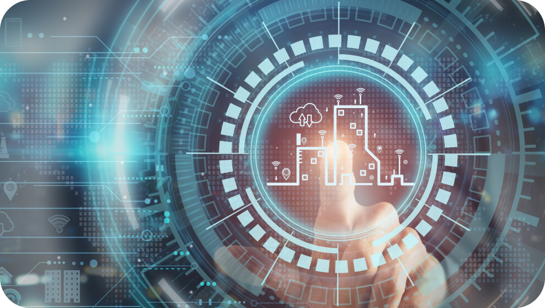 Hand pointing at a futuristic digital interface with a city outline, surrounded by blue and white glowing circles. Hand pointing at a futuristic digital interface with a city outline, surrounded by blue and white glowing circles.
