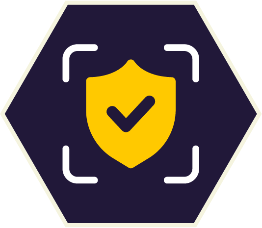 Yellow shield with checkmark, enclosed by a white square frame on a dark blue hexagon.