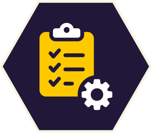 Yellow clipboard with checkmarks and a gear icon inside a dark blue hexagon. Yellow clipboard with checkmarks and a gear icon inside a dark blue hexagon.