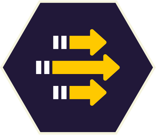 Yellow arrows pointing right on a dark blue hexagon, symbolizing data transfer or process flow. Yellow arrows pointing right on a dark blue hexagon, symbolizing data transfer or process flow.