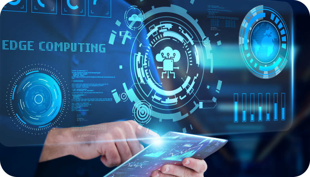 Person using a tablet with futuristic digital displays highlighting edge computing. Blue and white glowing graphics overlaying the person's hands. Person using a tablet with futuristic digital displays highlighting edge computing. Blue and white glowing graphics overlaying the person's hands.
