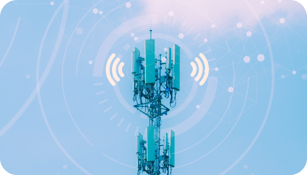 Cell tower with radiating signal waves against a blue background, suggesting wireless communication. Cell tower with radiating signal waves against a blue background, suggesting wireless communication.