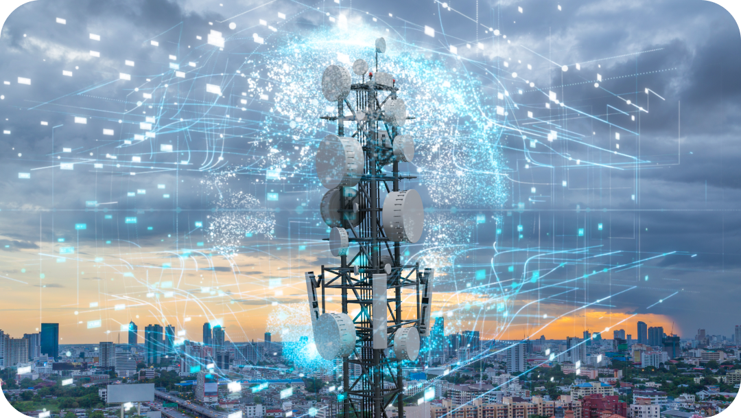 Cell tower with radiating blue digital network overlaid on a cityscape. Cell tower with radiating blue digital network overlaid on a cityscape.