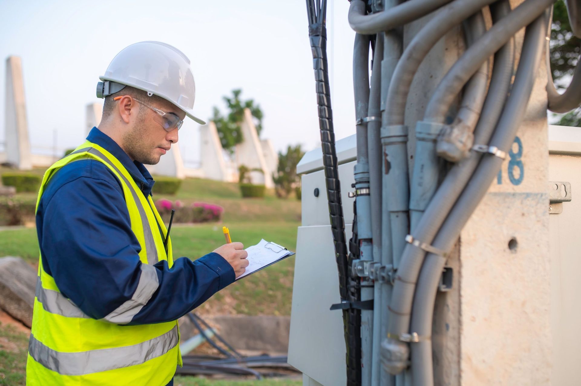 An engineer in a hard hat and safety vest inspects electrical wiring outdoors, taking notes on a clipboard. An engineer in a hard hat and safety vest inspects electrical wiring outdoors, taking notes on a clipboard.