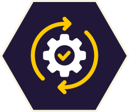 A white gear with a checkmark in the center, surrounded by a yellow circular arrow, within a dark blue hexagon. A white gear with a checkmark in the center, surrounded by a yellow circular arrow, within a dark blue hexagon.