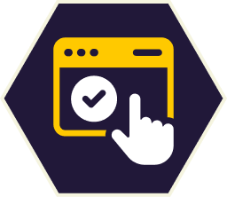 Hand clicking a checkmark icon on a yellow browser window, set in a blue hexagon. Hand clicking a checkmark icon on a yellow browser window, set in a blue hexagon.