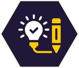 White lightbulb with checkmark, shining, connected by a line to a yellow pencil, on a dark hexagon. White lightbulb with checkmark, shining, connected by a line to a yellow pencil, on a dark hexagon.