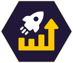 Rocket taking off above a yellow upward-trending graph; inside a dark blue hexagon. Rocket taking off above a yellow upward-trending graph; inside a dark blue hexagon.