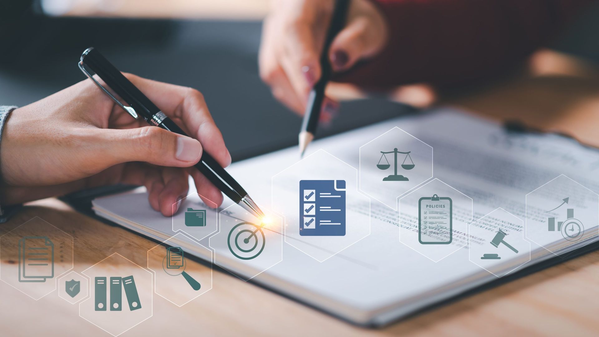 Hands writing on a clipboard with a checklist, surrounded by legal and business icons, suggesting contract review or agreement signing. Hands writing on a clipboard with a checklist, surrounded by legal and business icons, suggesting contract review or agreement signing.