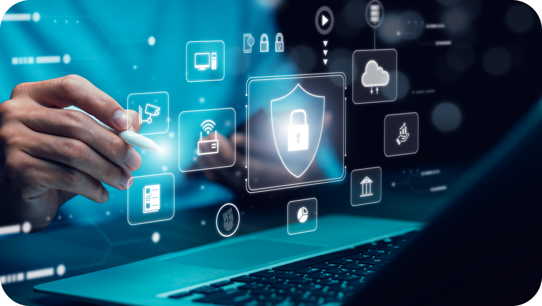 Person using a stylus, interacting with a glowing cybersecurity interface featuring a shield and lock on a laptop, suggesting data protection. Person using a stylus, interacting with a glowing cybersecurity interface featuring a shield and lock on a laptop, suggesting data protection.