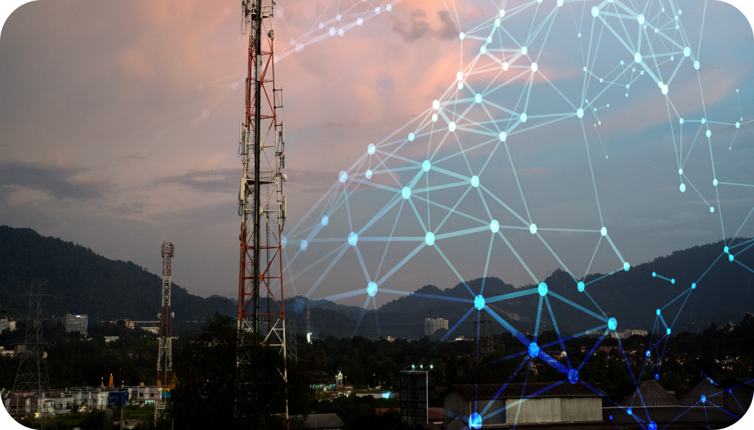 Cell tower in a landscape with a superimposed network graphic; dusk sky, mountains. Cell tower in a landscape with a superimposed network graphic; dusk sky, mountains.