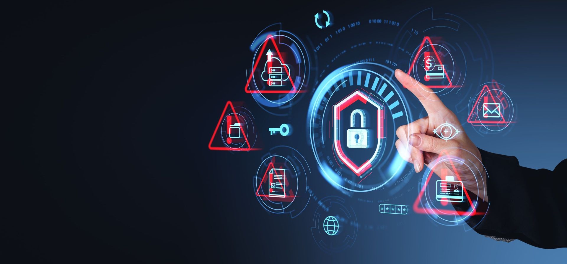 Hand touching a digital shield with a padlock, surrounded by data security icons, on a dark blue background. Hand touching a digital shield with a padlock, surrounded by data security icons, on a dark blue background.