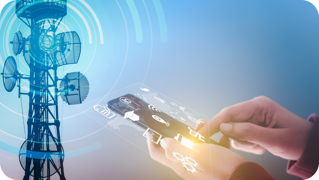 Person using a smartphone with a cell tower in the background, blue and white color scheme, illustrating network connection. Person using a smartphone with a cell tower in the background, blue and white color scheme, illustrating network connection.