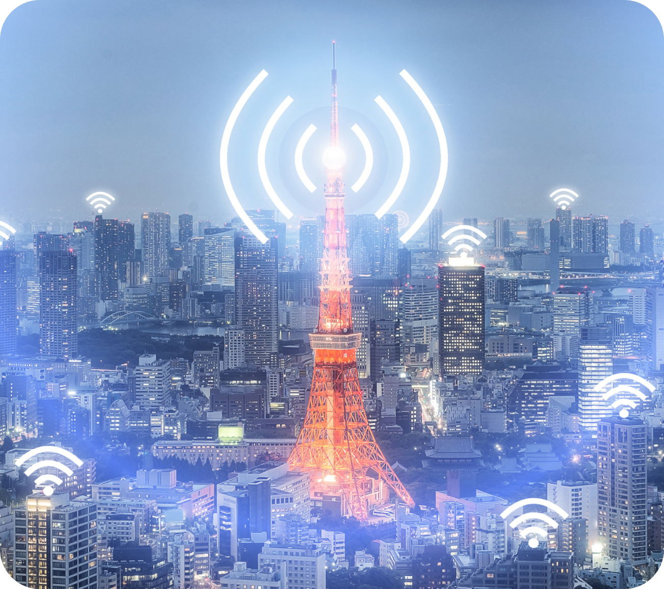 Tokyo Tower radiating Wi-Fi signals over a cityscape at night. Glowing white waves symbolize wireless communication. Tokyo Tower radiating Wi-Fi signals over a cityscape at night. Glowing white waves symbolize wireless communication.