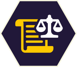 A yellow scroll and white scales of justice on a purple hexagon background, representing legal or ethical principles. A yellow scroll and white scales of justice on a purple hexagon background, representing legal or ethical principles.