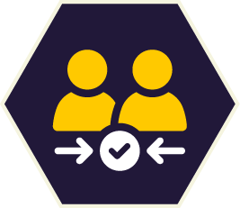 Two yellow people with arrows exchanging a checkmark in a dark purple hexagon. Two yellow people with arrows exchanging a checkmark in a dark purple hexagon.