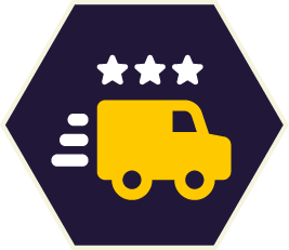 Yellow delivery van with three stars above, inside a dark blue hexagon. Yellow delivery van with three stars above, inside a dark blue hexagon.