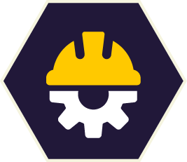 Yellow hard hat above a white gear on a dark blue hexagonal background. Yellow hard hat above a white gear on a dark blue hexagonal background.