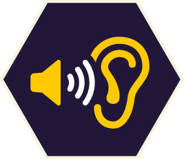 Yellow ear and speaker icon with sound waves on a dark blue hexagon. Yellow ear and speaker icon with sound waves on a dark blue hexagon.