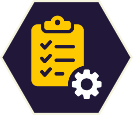Yellow checklist with checkmarks and gear icon on a dark blue hexagon. Yellow checklist with checkmarks and gear icon on a dark blue hexagon.