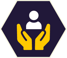 Yellow hands cupping a white figure inside a dark blue hexagon, symbolizing care. Yellow hands cupping a white figure inside a dark blue hexagon, symbolizing care.