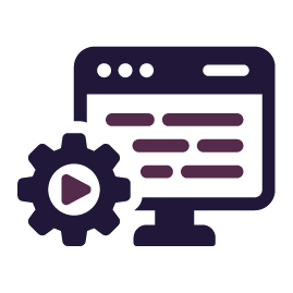 Dark purple computer screen with code, gear icon with play button. Dark purple computer screen with code, gear icon with play button.