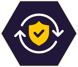 Yellow shield with checkmark, surrounded by rotating arrows, in a purple hexagon. Yellow shield with checkmark, surrounded by rotating arrows, in a purple hexagon.