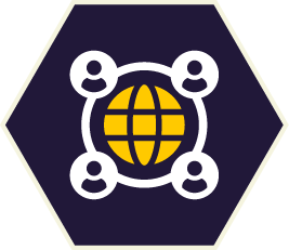 Global network icon: Four people connected to a yellow globe inside a dark blue hexagon. Global network icon: Four people connected to a yellow globe inside a dark blue hexagon.