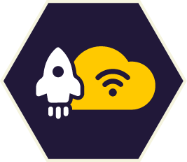 White rocket launching next to a yellow wifi cloud symbol, in a navy hexagon. White rocket launching next to a yellow wifi cloud symbol, in a navy hexagon.