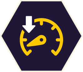 Yellow speedometer showing a decrease in speed with a downward white arrow, set in a dark blue hexagon. Yellow speedometer showing a decrease in speed with a downward white arrow, set in a dark blue hexagon.