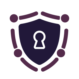 Purple shield with keyhole icon surrounded by connected dots, representing security. Purple shield with keyhole icon surrounded by connected dots, representing security.
