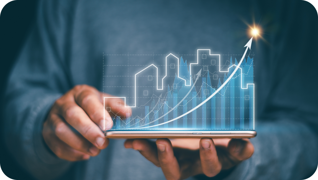 Person holding phone displays a growth chart with city skyline and upward arrow. Person holding phone displays a growth chart with city skyline and upward arrow.