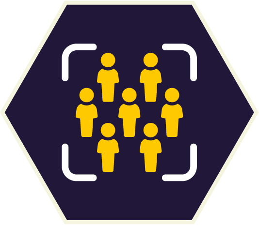 Group of yellow people icons inside a white framed box, centered in a dark blue hexagon.