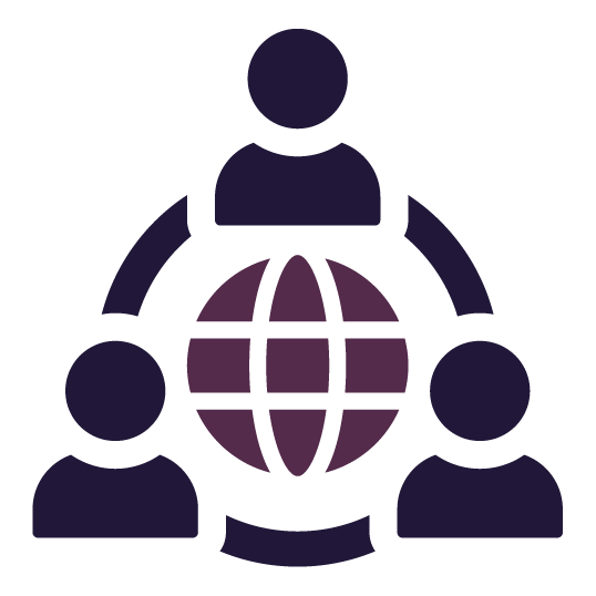 People connected globally; team around globe, purple hues.
