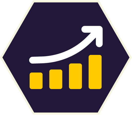 Yellow bar graph with a white upward arrow on a dark blue hexagon.