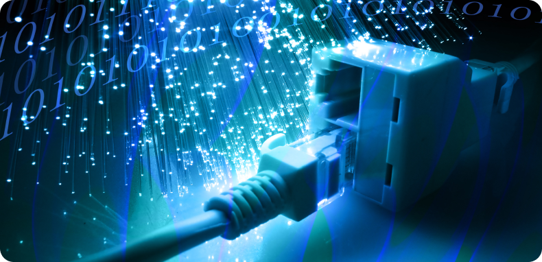 Ethernet cable plugged into a network port, surrounded by binary code and blue light. Ethernet cable plugged into a network port, surrounded by binary code and blue light.