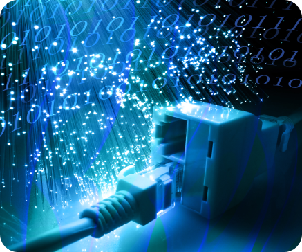 Blue network cable connecting, with streaming light and binary code background.