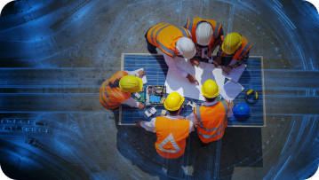 Construction workers in hard hats and vests reviewing blueprints outdoors. Construction workers in hard hats and vests reviewing blueprints outdoors.