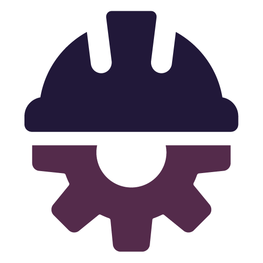 Construction helmet above a gear, purple and dark purple, representing engineering or industry.