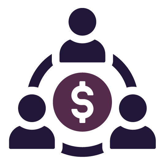 Three figures connected by a circle with a dollar sign, representing financial collaboration.