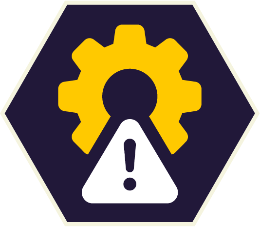 Yellow gear and white warning triangle inside a dark blue hexagon.
