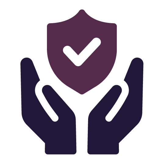 Hands cupping a purple shield with a white checkmark.